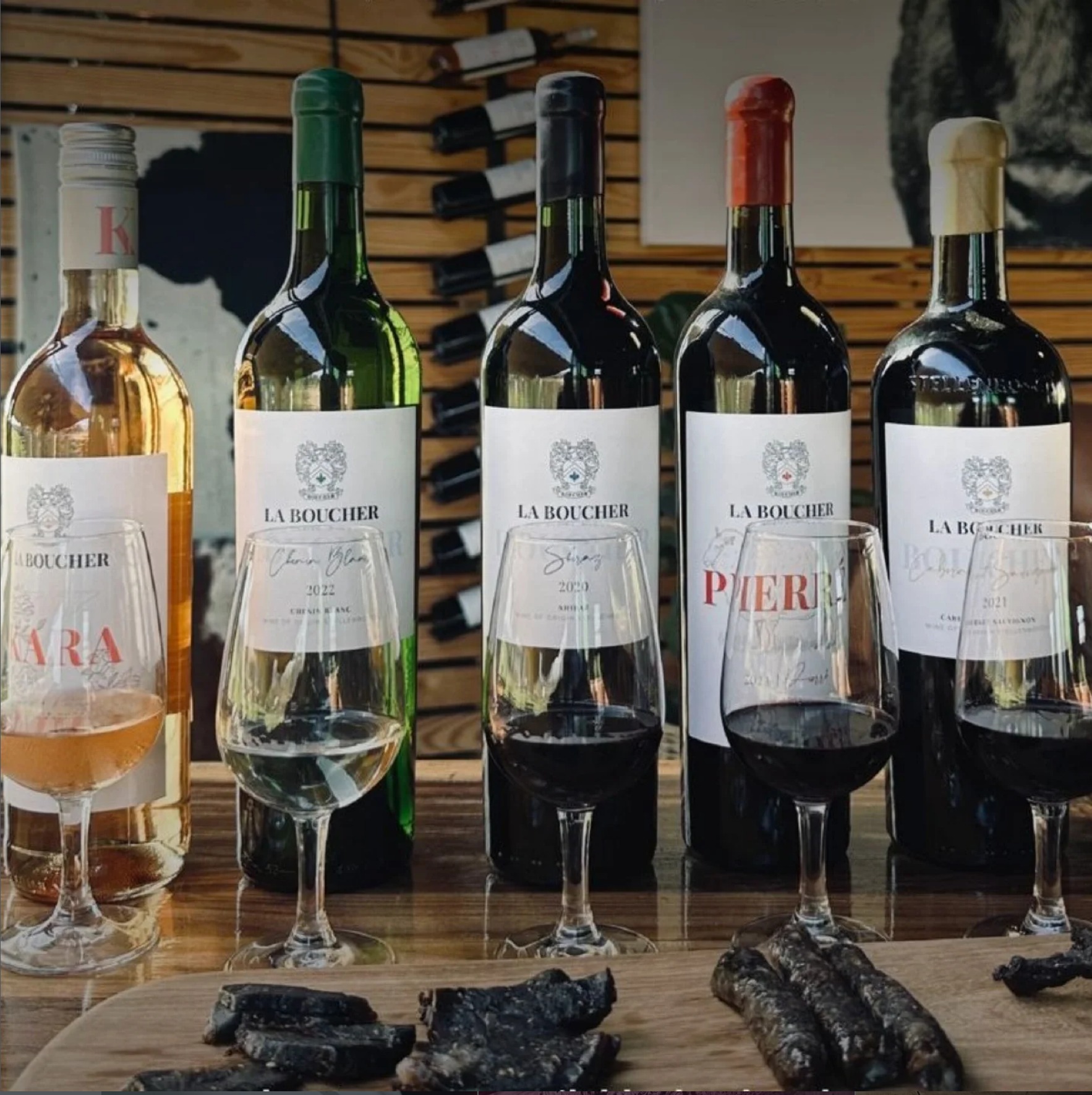Five La Boucher bottles with biltong